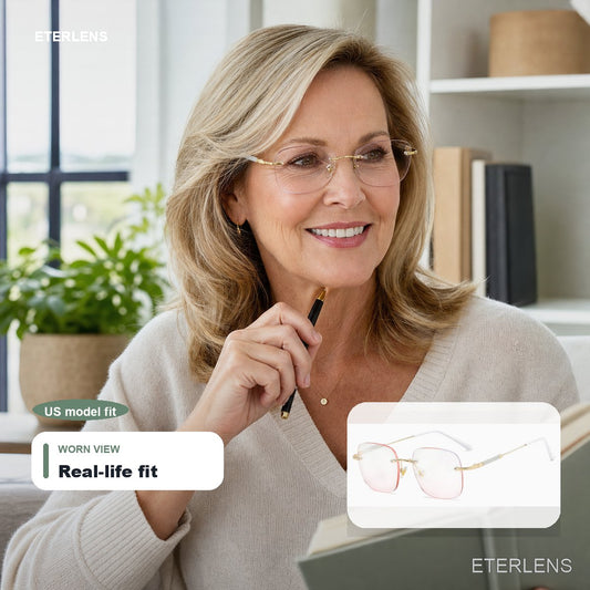Square Lightweight Rimless Blue Light Readers - US model lifestyle