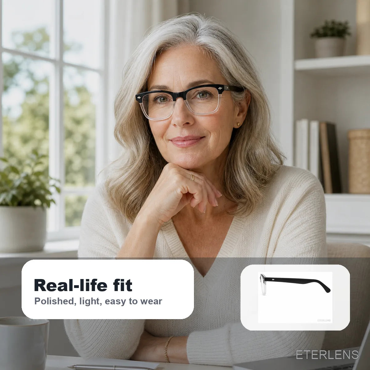 Woman wearing modern Eterlens reading glasses