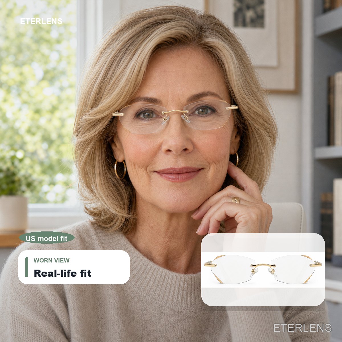 Geometric Metal Rimless Blue Light Readers - US model lifestyle