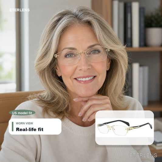 Geometric Retro Rimless Blue Light Photochromic Readers - US model lifestyle