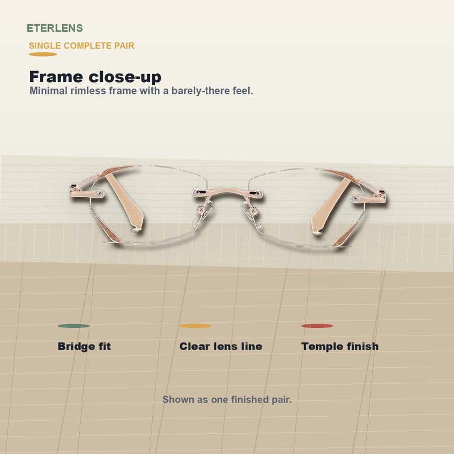 Rimless reading glasses frame detail