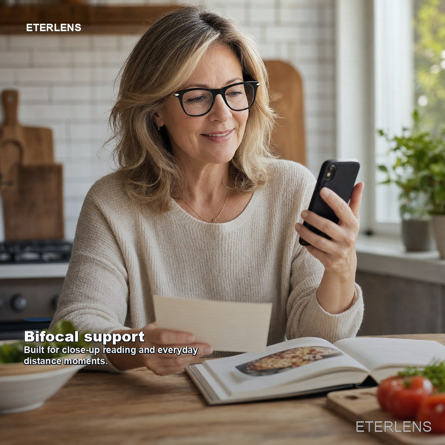 Blue light reading glasses in a close-up screen use scene